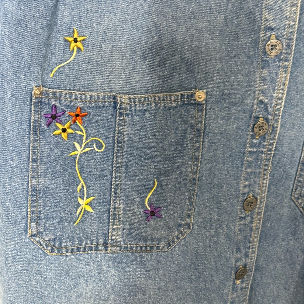 VTG Denim Button Front Floral Embroidered Boxy Dress Size 2X V-Neck Knee Length - Picture 7 of 10